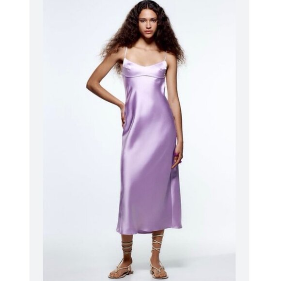 Zara Lilac Satin Effect Midi Slip Dress XS Lilac Lavender - Picture 1 of 12